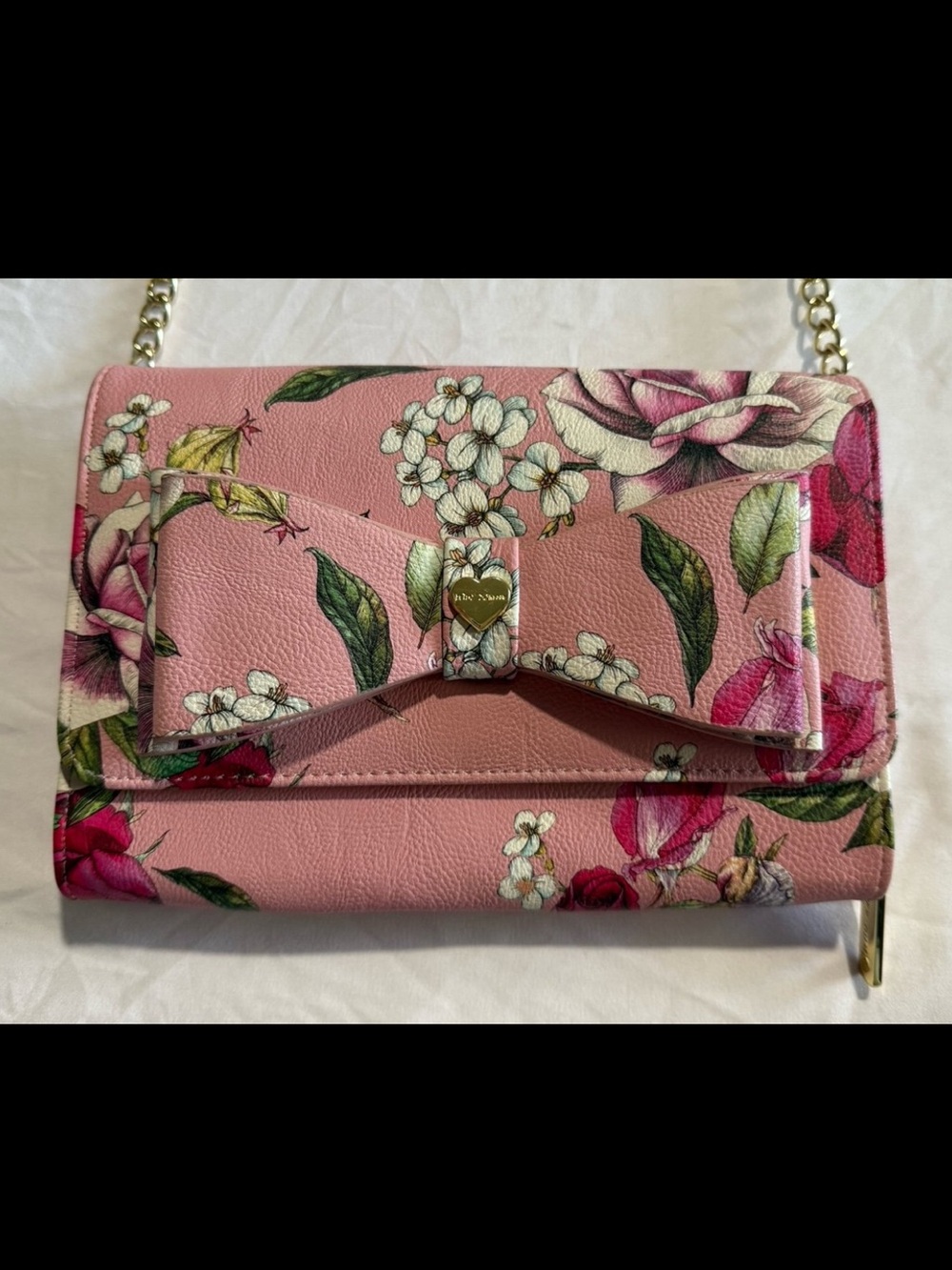 Betsey Johnson Pink Floral Bow Crossbody with Gold Chain Strap